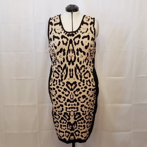Questions Tan & Black Leopard Print Pullover Sleeveless Hourglass Dress, Size 2X - Picture 2 of 8